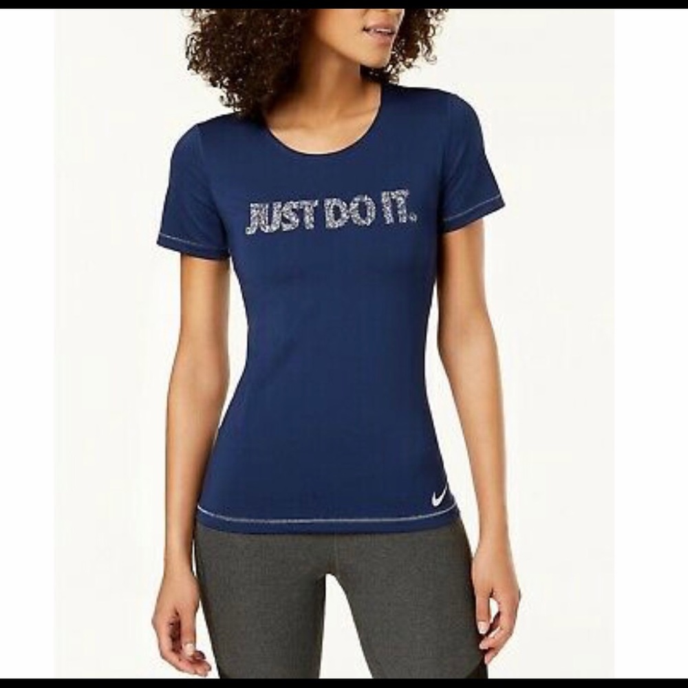 Nike Pro Dri-fit Women Just Do it Graphic Top Navy Blue Size L NWT   MSRP $35